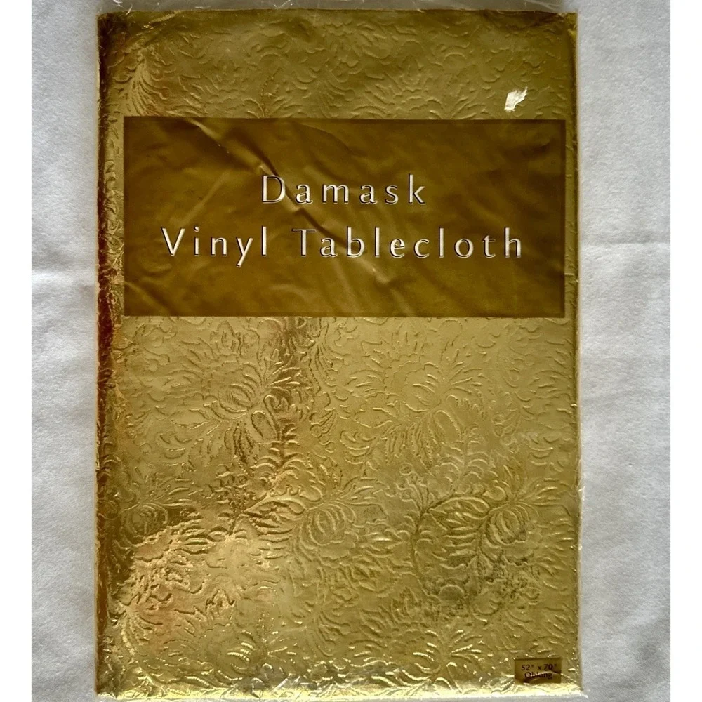 Vtg Gold Vinyl Tablecloth‎ 52x70 Oblong Flannel Back Damask Dayton Hudson New
